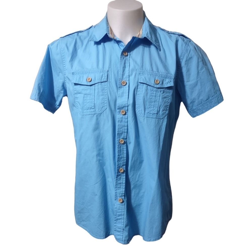 Red Camel Shirt Mens Large Short Sleeve Blue Button Down Button Pockets Military